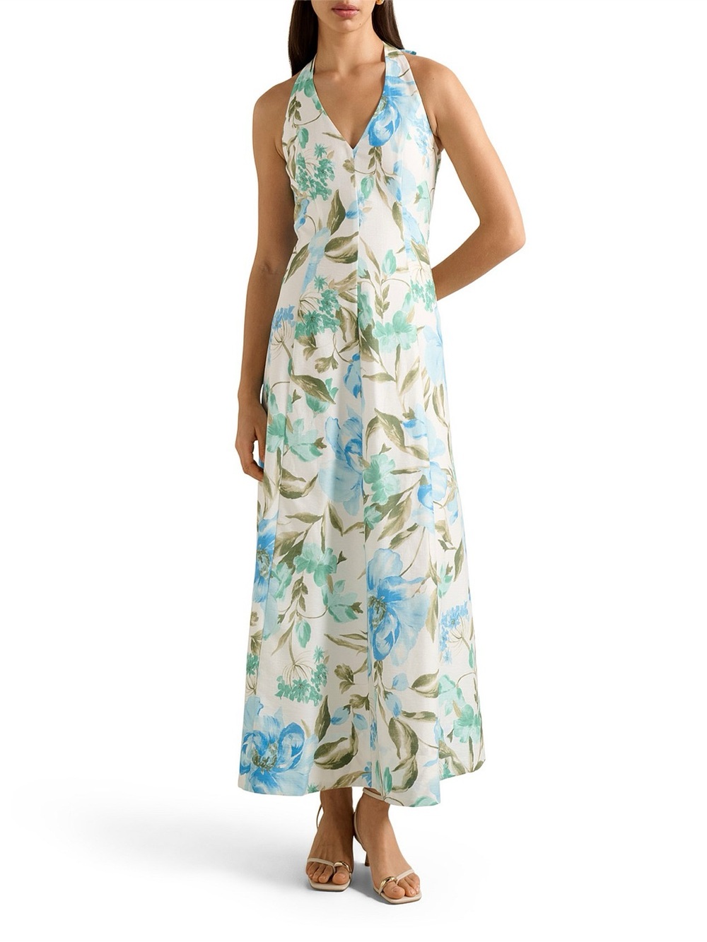Floral Halter V-Neck Maxi Dress in Blue, Green and Cream with Bow (US 12)
